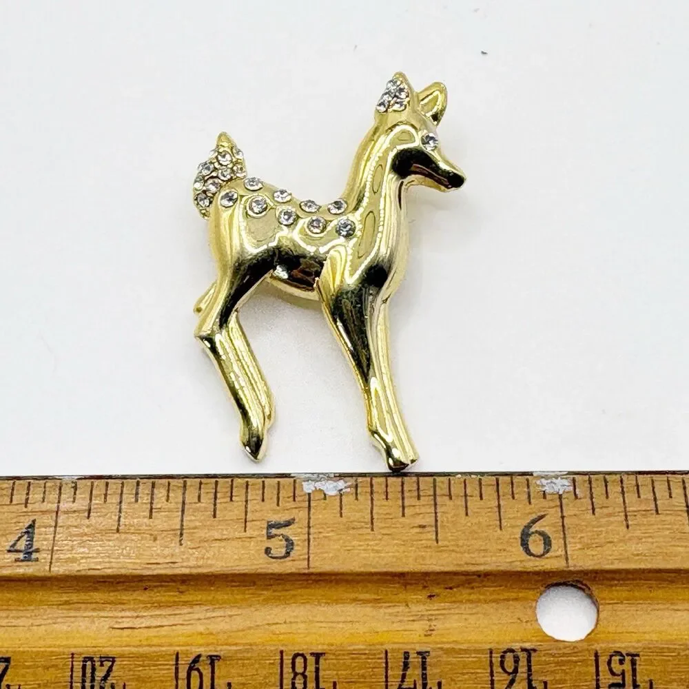 Gold Tone Reindeer Brooch Rhinestone Accents Costume Jewelry Christmas